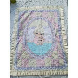 Precious Moments Baby Quilt Patchwork Trim Teddy Bear 45x35" 2 Sided Pastel